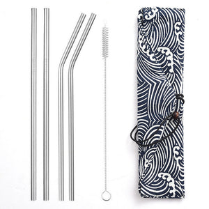 Daydayuse - Reusable Metal Drinking Straws 304 Stainless Steel Sturdy Bent Straight Straw with Cleaning Brush and Bag Bar