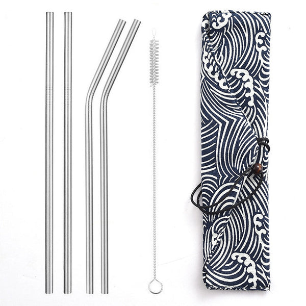 Daydayuse - Reusable Metal Drinking Straws 304 Stainless Steel Sturdy Bent Straight Straw with Cleaning Brush and Bag Bar