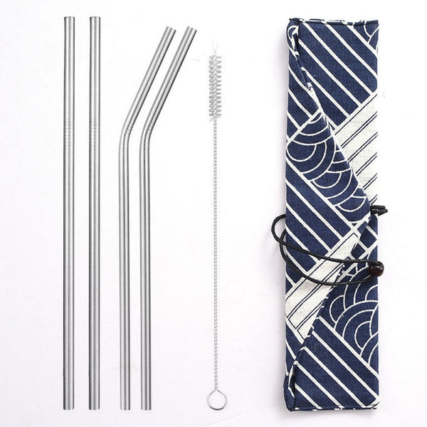 Daydayuse - Reusable Metal Drinking Straws 304 Stainless Steel Sturdy Bent Straight Straw with Cleaning Brush and Bag Bar