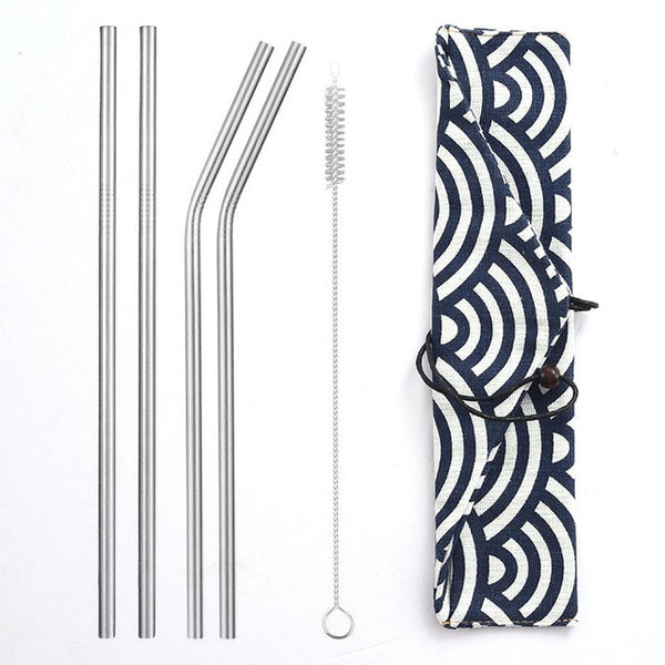 Daydayuse - Reusable Metal Drinking Straws 304 Stainless Steel Sturdy Bent Straight Straw with Cleaning Brush and Bag Bar