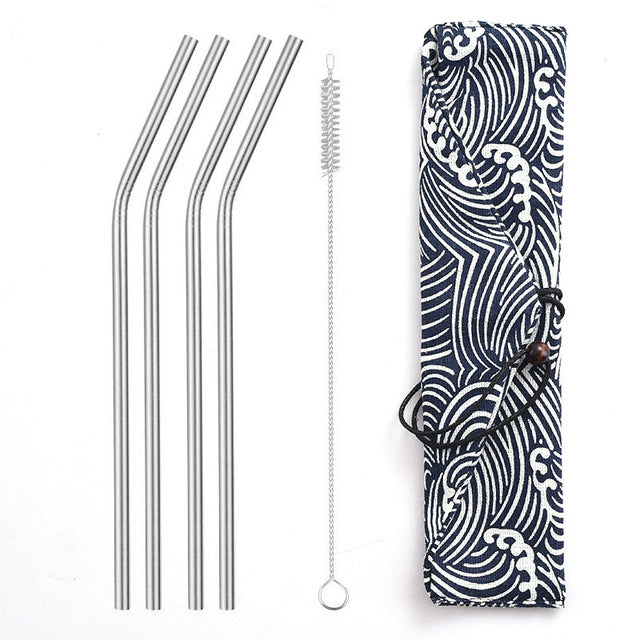 Daydayuse - Reusable Metal Drinking Straws 304 Stainless Steel Sturdy Bent Straight Straw with Cleaning Brush and Bag Bar