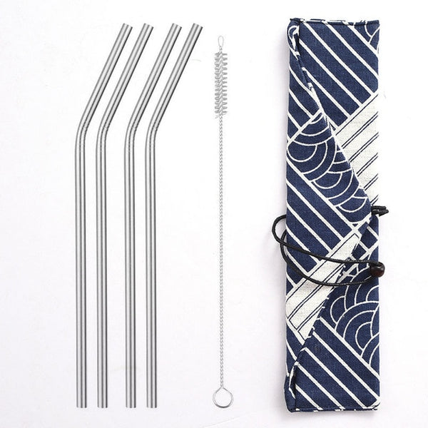 Daydayuse - Reusable Metal Drinking Straws 304 Stainless Steel Sturdy Bent Straight Straw with Cleaning Brush and Bag Bar