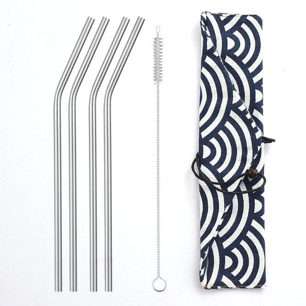 Daydayuse - Reusable Metal Drinking Straws 304 Stainless Steel Sturdy Bent Straight Straw with Cleaning Brush and Bag Bar