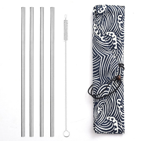 Daydayuse - Reusable Metal Drinking Straws 304 Stainless Steel Sturdy Bent Straight Straw with Cleaning Brush and Bag Bar