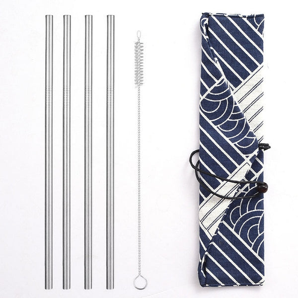 Daydayuse - Reusable Metal Drinking Straws 304 Stainless Steel Sturdy Bent Straight Straw with Cleaning Brush and Bag Bar