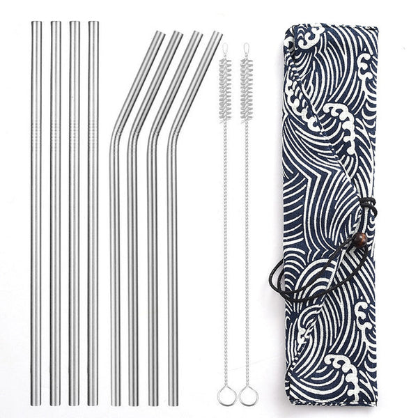 Daydayuse - Reusable Metal Drinking Straws 304 Stainless Steel Sturdy Bent Straight Straw with Cleaning Brush and Bag Bar