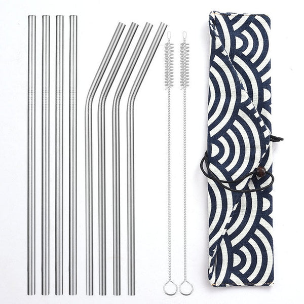 Daydayuse - Reusable Metal Drinking Straws 304 Stainless Steel Sturdy Bent Straight Straw with Cleaning Brush and Bag Bar