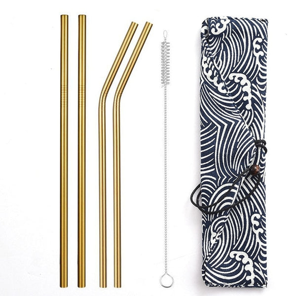 Daydayuse - Reusable Metal Drinking Straws 304 Stainless Steel Sturdy Bent Straight Straw with Cleaning Brush and Bag Bar