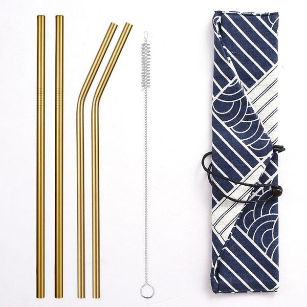 Daydayuse - Reusable Metal Drinking Straws 304 Stainless Steel Sturdy Bent Straight Straw with Cleaning Brush and Bag Bar