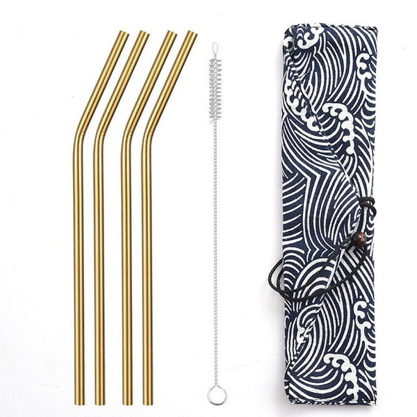 Daydayuse - Reusable Metal Drinking Straws 304 Stainless Steel Sturdy Bent Straight Straw with Cleaning Brush and Bag Bar