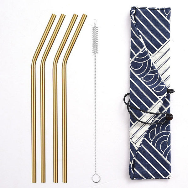 Daydayuse - Reusable Metal Drinking Straws 304 Stainless Steel Sturdy Bent Straight Straw with Cleaning Brush and Bag Bar