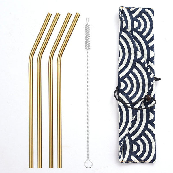 Daydayuse - Reusable Metal Drinking Straws 304 Stainless Steel Sturdy Bent Straight Straw with Cleaning Brush and Bag Bar