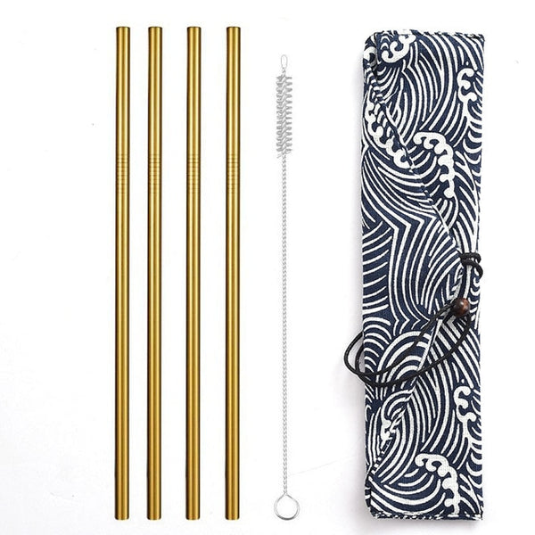 Daydayuse - Reusable Metal Drinking Straws 304 Stainless Steel Sturdy Bent Straight Straw with Cleaning Brush and Bag Bar