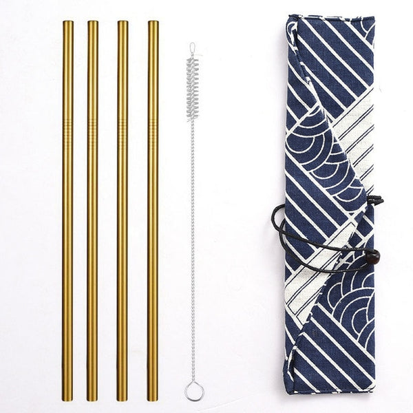 Daydayuse - Reusable Metal Drinking Straws 304 Stainless Steel Sturdy Bent Straight Straw with Cleaning Brush and Bag Bar