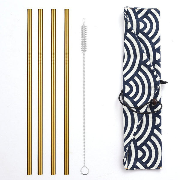 Daydayuse - Reusable Metal Drinking Straws 304 Stainless Steel Sturdy Bent Straight Straw with Cleaning Brush and Bag Bar