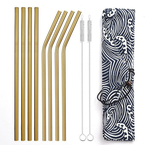 Daydayuse - Reusable Metal Drinking Straws 304 Stainless Steel Sturdy Bent Straight Straw with Cleaning Brush and Bag Bar