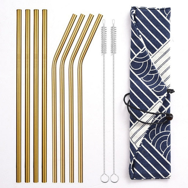 Daydayuse - Reusable Metal Drinking Straws 304 Stainless Steel Sturdy Bent Straight Straw with Cleaning Brush and Bag Bar