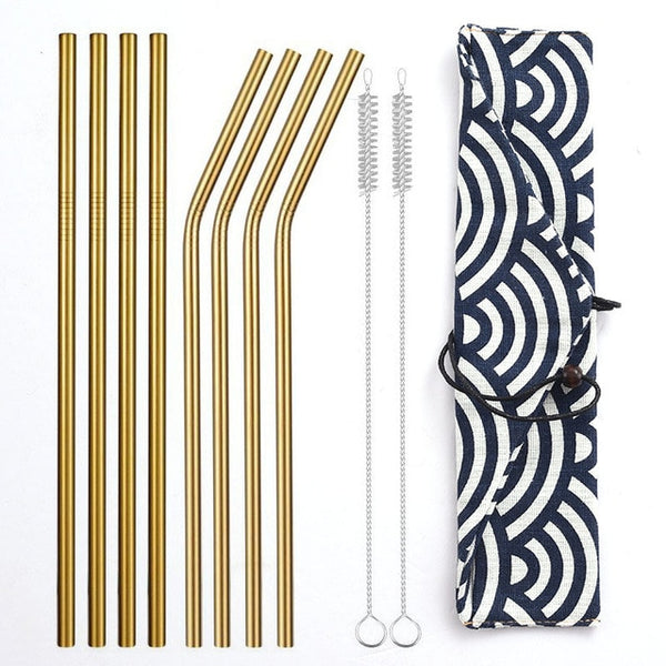 Daydayuse - Reusable Metal Drinking Straws 304 Stainless Steel Sturdy Bent Straight Straw with Cleaning Brush and Bag Bar